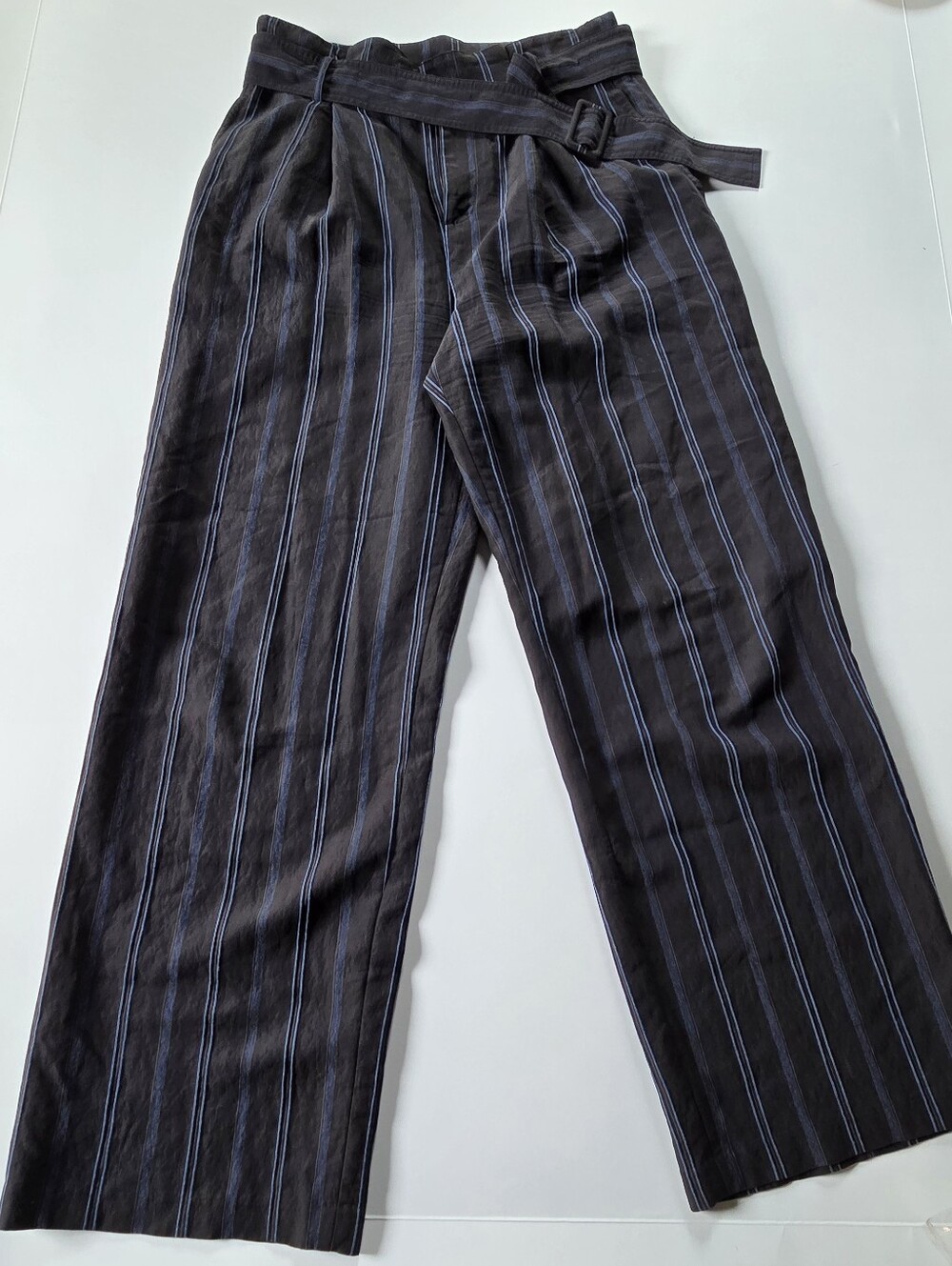 Vince Black Wide-Leg Pants with Blue Pinstripes